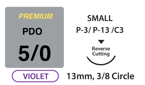 PREMIUM+ PDO Surgical Sutures, Size 5/0, 18" Thread with 13mm 3/8 Circle R/C Needle. Violet. Box of 12.
