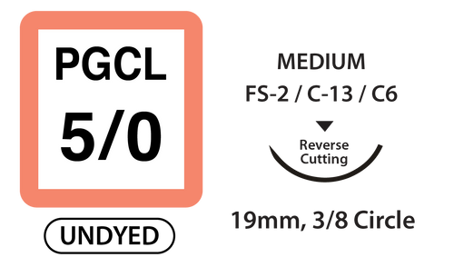 PGCL Surgical Sutures, Size 5/0, 18" Thread with 19mm 3/8 Circle R/C Needle. Undyed. Box of 12.