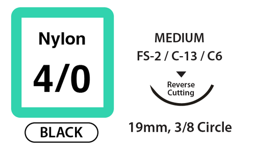 Nylon Surgical Sutures, Size 4/0, 10" Thread with 19mm 3/8 Circle R/C Needle. Black. Box of 12.