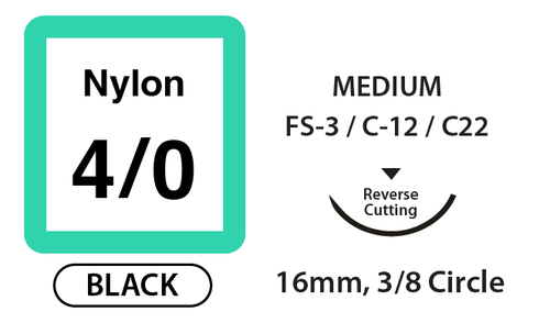 Nylon Surgical Sutures, Size 4/0, 18" Thread with 16mm 3/8 Circle R/C Needle. Black. Box of 12.