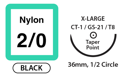 Nylon Surgical Sutures, Size 2/0, 30" Thread with 36mm 1/2 Circle Taper Point Needle. Black. Box of 12.