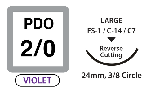 PDO Surgical Sutures, Size 2/0, 30" Thread with 24mm 3/8 Circle R/C Needle. Violet. Box of 12.