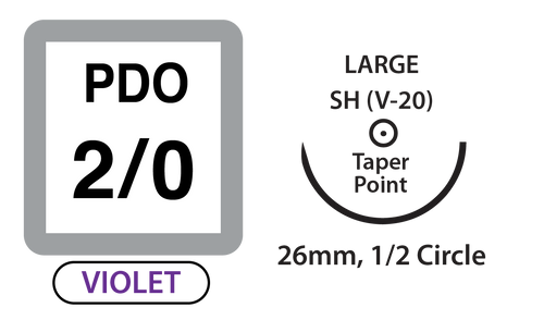 PDO Surgical Sutures, Size 2/0, 30" Thread with 26mm 1/2 Circle Taper Point Needle. Violet. Box of 12.