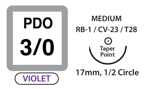 PDO Surgical Sutures, Size 3/0, 30" Thread with 17mm 1/2 Circle Taper Point Needle. Violet. Box of 12.