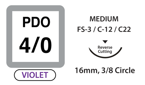 PDO Surgical Sutures, Size 4/0, 18" Thread with 16mm 3/8 Circle R/C Needle. Violet. Box of 12.