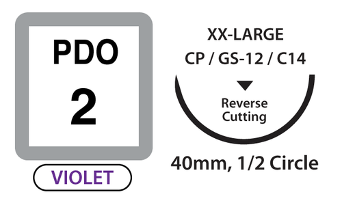PDO Surgical Sutures, Size 2, 30" Thread with 40mm 1/2 Circle R/C Needle. Violet. Box of 12.