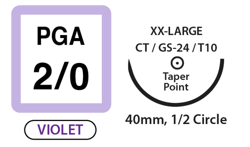 PGA Surgical Sutures, Size 2/0, 30" Thread with 40mm 1/2 Circle Taper Point Needle. Violet. Box of 12.