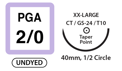 PGA Surgical Sutures, Size 2/0, 30" Thread with 40mm 1/2 Circle Taper Point Needle. Undyed. Box of 12.