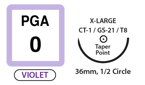PGA Surgical Sutures, Size 0, 30" Thread with 36mm 1/2 Circle Taper Point Needle. Violet. Box of 12.