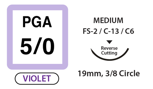 PGA Surgical Sutures, Size 5/0, 18" Thread with 19mm 3/8 Circle R/C Needle. Violet. Box of 12.