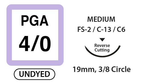 PGA Surgical Sutures, Size 4/0, 18" Thread with 19mm 3/8 Circle R/C Needle. Undyed. Box of 12.