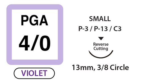 PGA Surgical Sutures, Size 4/0, 18" Thread with 13mm 3/8 Circle R/C Needle. Violet. Box of 12.