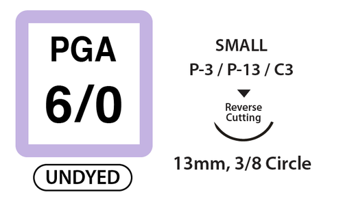PGA Surgical Sutures, Size 6/0, 18" Thread with 13mm 3/8 Circle R/C Needle. Undyed. Box of 12.