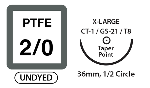 PTFE Surgical Sutures, Size 2/0, 30" Thread with 36mm 1/2 Circle Taper Point. White. Box of 12.