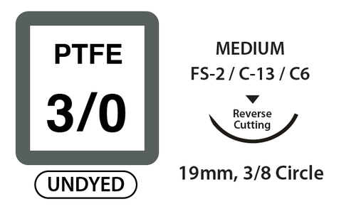 PTFE Surgical Sutures, Size 3/0, 18" Thread with 19mm 3/8 Circle R/C Needle. White. Box of 12.