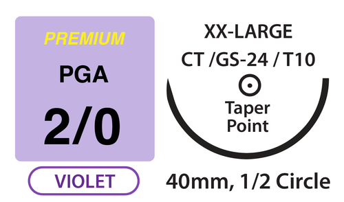 Premium+ PGA Surgical Sutures, Size 2/0, 27" Thread with 40mm 1/2 Circle Taper Point Needle. Violet. Box of 12.