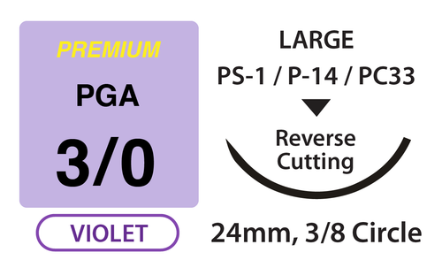 Premium+ PGA Surgical Sutures, Size 3/0, 27" Thread with 24mm 3/8 Circle R/C Needle. Violet. Box of 12.