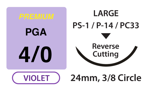Premium+ PGA Surgical Sutures, Size 4/0, 27" Thread with 24mm 3/8 Circle R/C Needle. Violet. Box of 12.