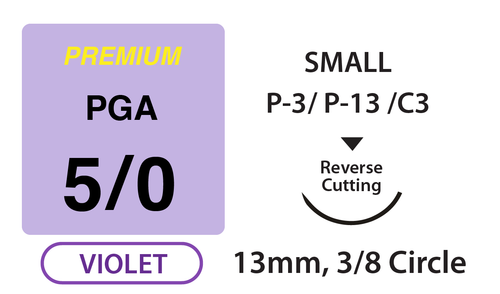 Premium+ PGA Surgical Sutures, Size 5/0, 18" Thread with 13mm 3/8 Circle R/C Needle. Violet. Box of 12.