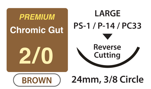 Premium+ Chromic Gut Surgical Sutures, Size 2/0, 27" Thread with 24mm 3/8 Circle R/C Needle. Brown. Box of 12.