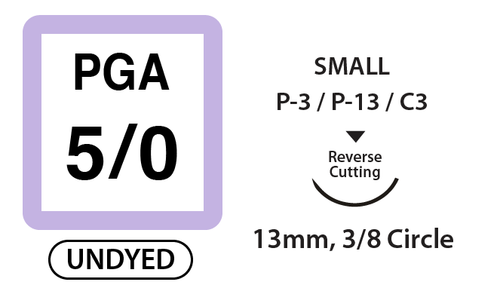 PGA Surgical Sutures, Size 5/0. 18" Thread with 13mm 3/8 Circle R/C Needle. Undyed. Box of 36