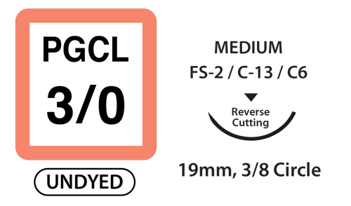 PGCL Surgical Sutures, Size 3/0, 30" Thread with 19mm 3/8 Circle R/C Needle. Undyed. Box of 36