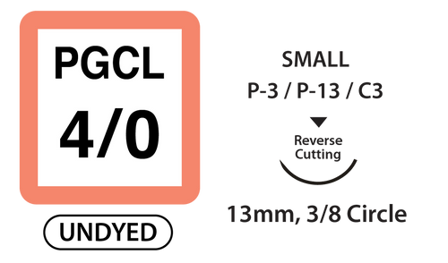 PGCL Surgical Sutures, Size 4/0, 18" Thread with 13mm 3/8 Circle R/C Needle. Undyed. Box of 36