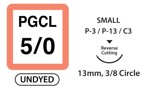 PGCL Surgical Sutures, Size 5/0, 18" Thread with 13mm 3/8 Circle R/C Needle. Undyed. Box of 36