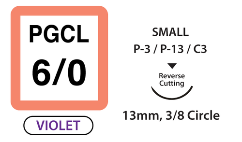 PGCL Surgical Sutures, Size 6/0, 18" Thread with 13mm 3/8 Circle R/C Needle. Violet. Box of 12.