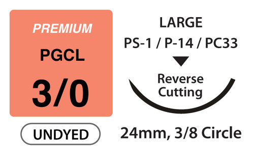 Premium+ PGCL Surgical Sutures, Size 3/0, 27" Thread with 24mm 3/8 Circle R/C Needle. Undyed. Box of 12.