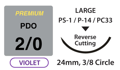 PREMIUM+ PDO Surgical Sutures, Size 2/0, 27" Thread with 24mm 3/8 Circle R/C Needle. Violet. Box of 12.