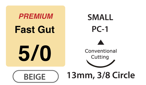 Premium+ Fast Absorbing Gut Surgical Sutures, Size 5/0, 18" Thread with 13mm 3/8 Circle Conventional Cut Needle. Beige. Box of 12.