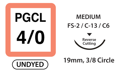 PGCL Surgical Sutures, Size 4/0, 30" Thread with 19mm 3/8 Circle R/C Needle. Undyed. Box of 12. Clearance (No Return) PGCL Surgical Sutures, Size 4/0, 30" Thread with 19mm 3/8 Circle R/C Needle. Undyed. Box of 12. Clearance (No Return)