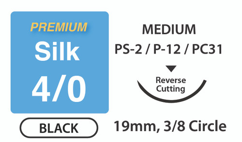 Premium+ Silk Surgical Sutures Size 4/0, 18" Thread with 19mm 3/8 Circle R/C Needle. Black. Box of 12. Premium+ Silk Surgical Sutures Size 4/0, 18" Thread with 19mm 3/8 Circle R/C Needle. Black. Box of 12.