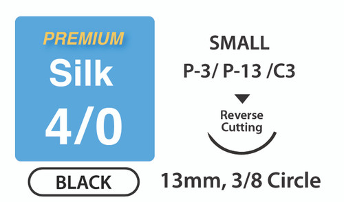 Premium+ Silk Surgical Sutures, Size 4/0, 18" Thread with 13mm 3/8 Circle R/C Needle. Black. Box of 12. Premium+ Silk Surgical Sutures, Size 4/0, 18" Thread with 13mm 3/8 Circle R/C Needle. Black. Box of 12.