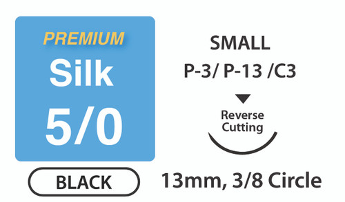 Premium+ Silk Surgical Sutures, Size 5/0, 18" Thread with 13mm 3/8 Circle R/C Needle. Black. Box of 12. Premium+ Silk Surgical Sutures, Size 5/0, 18" Thread with 13mm 3/8 Circle R/C Needle. Black. Box of 12.