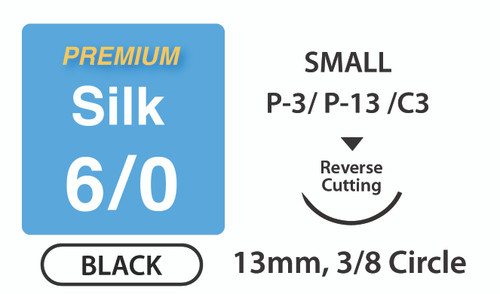 Premium+ Silk Surgical Sutures, Size 6/0, 18" Thread with 13mm 3/8 Circle R/C Needle. Black. Box of 12. Premium+ Silk Surgical Sutures, Size 6/0, 18" Thread with 13mm 3/8 Circle R/C Needle. Black. Box of 12.