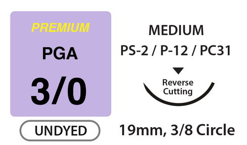 Premium+ PGA Surgical Sutures, Size 3/0, 27" Thread with 19mm 3/8 Circle R/C Needle. Undyed. Box of 12. Premium+ PGA Surgical Sutures, Size 3/0, 27" Thread with 19mm 3/8 Circle R/C Needle. Undyed. Box of 12.