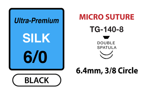 Ultra-Premium Silk MicroSutures, Size 6/0, 18" Thread with 6.4mm 3/8 Circle Spatula Double Needle. Black. Box of 12.