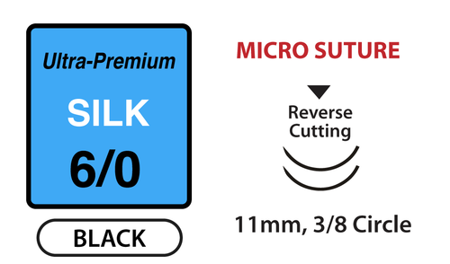 Ultra-Premium Silk MicroSutures, Size 6/0, 18" Thread with 11mm 3/8 Circle Rev. Cut Double  Needle. Black. Box of 12.
