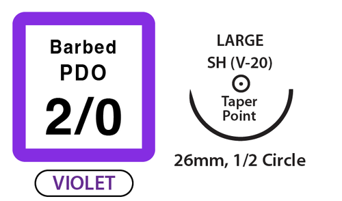 Barbed PDO Surgical Suture, Size 2/0, 18" Thread with 26mm 1/2 Circle Taper Point Needle. Violet. Box of 6. (Expires 2/2026)