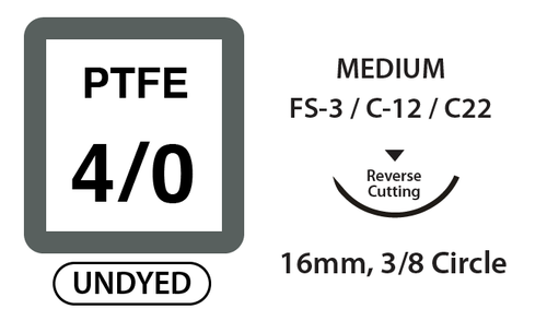 PTFE Surgical Sutures, Size 4/0, 18" Thread with 16mm 3/8 Circle R/C Needle. White. Box of 12. (Expires 10/2026)