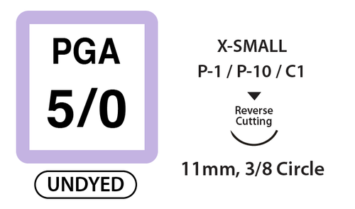 PGA Surgical Sutures, Size 5/0, 18" Thread with 11mm 3/8 Circle R/C Needle. Undyed. Box of 12. (Expires 6/2026)