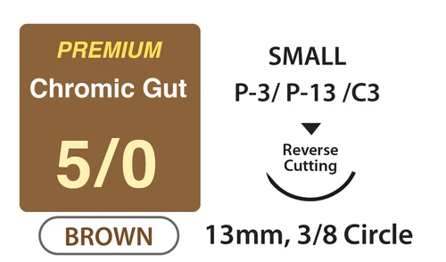 Premium+ Chromic Gut Surgical Sutures, Size 5/0, 18" Thread with 13mm 3/8 Circle R/C Needle. Brown. Box of 12. (Expires 12/2026)
