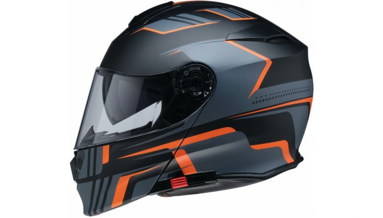 full face orange motorcycle helmet Scorpion EXO-R320 Hudson 2x with a stripped Z1R Solaris 2.0 Modular Helmet