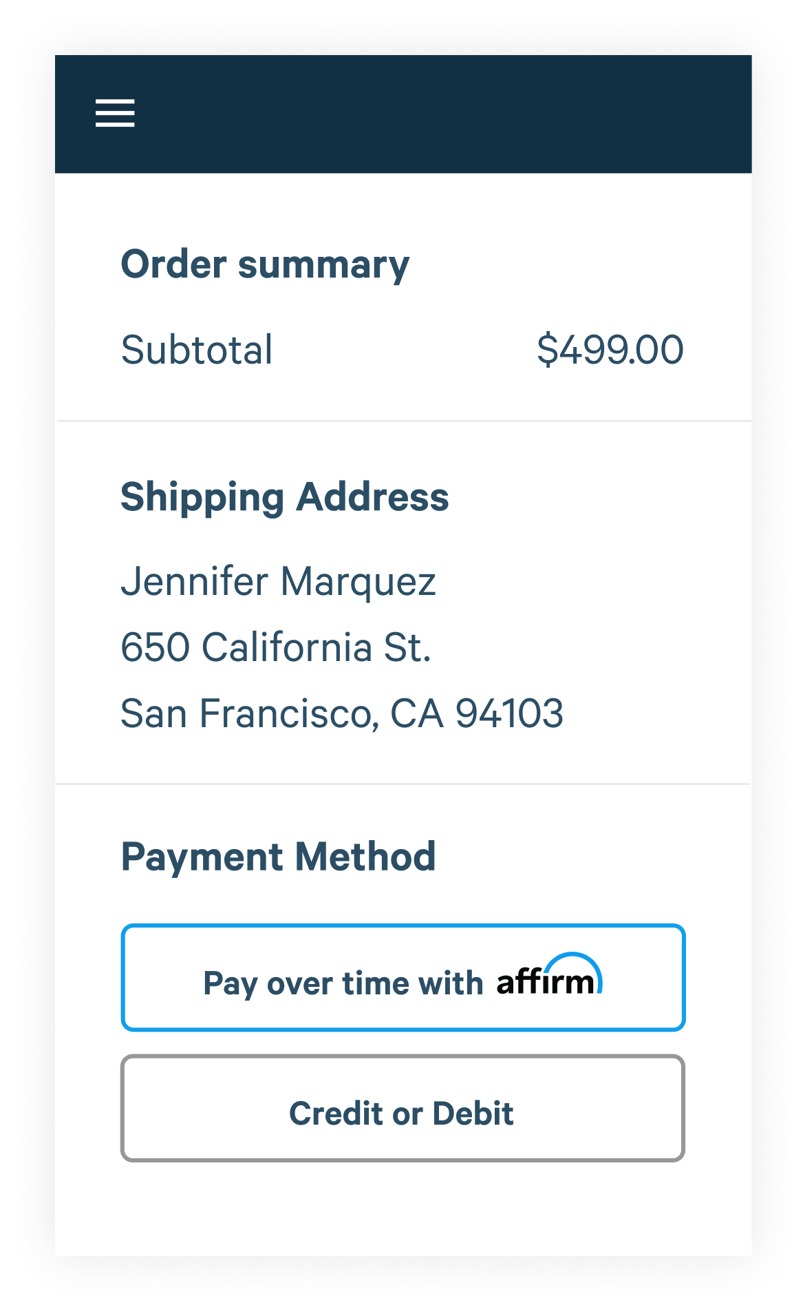 Step 1 click pay over time with affirm during checkout