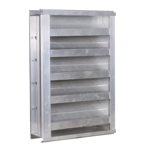 Depth: 4 Inches
Frame Thickness: 0.075” 6063-T5 Extruded Aluminium.
Blade Thickness:  0.075” 6063-T5 Extruded Aluminium.
Blade Centres: 3-1/2” (+/- 1/4”)
Blade Angle: 35°
Minimum Panel Size: 12” x 12”
Maximum Panel Size: 72” x 120”
Standard Finish: Mill Aluminum Free Area of 48”x48” Unit:   9.46 sq. ft. free area.
Free Area Percentage:        59.1 Percent
Static pressure @ 700 f=FPM Exhaust: 0.08” W.G
Static pressure @ 700 f=FPM Intake:    0.06” W.G
Point of Water Penetration At: 0.01 Oz/Ft2  (free area) 1058 FPM