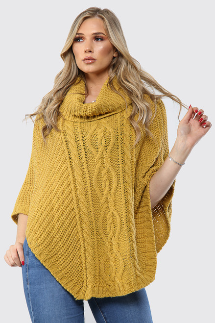 Ladies Cable Knitted Cowl Neck Poncho Mustard Unit Price £15.99