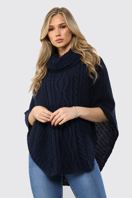 Ladies Cable Knitted Cowl Neck Poncho Navy Unit Price £15.99