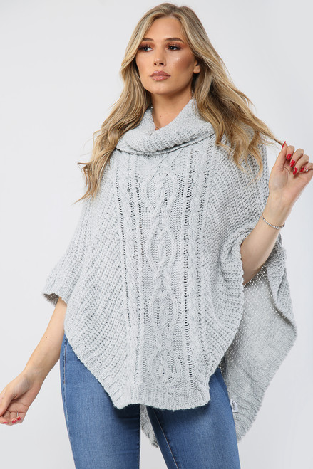Ladies Cable Knitted Cowl Neck Poncho Silver Unit Price £15.99